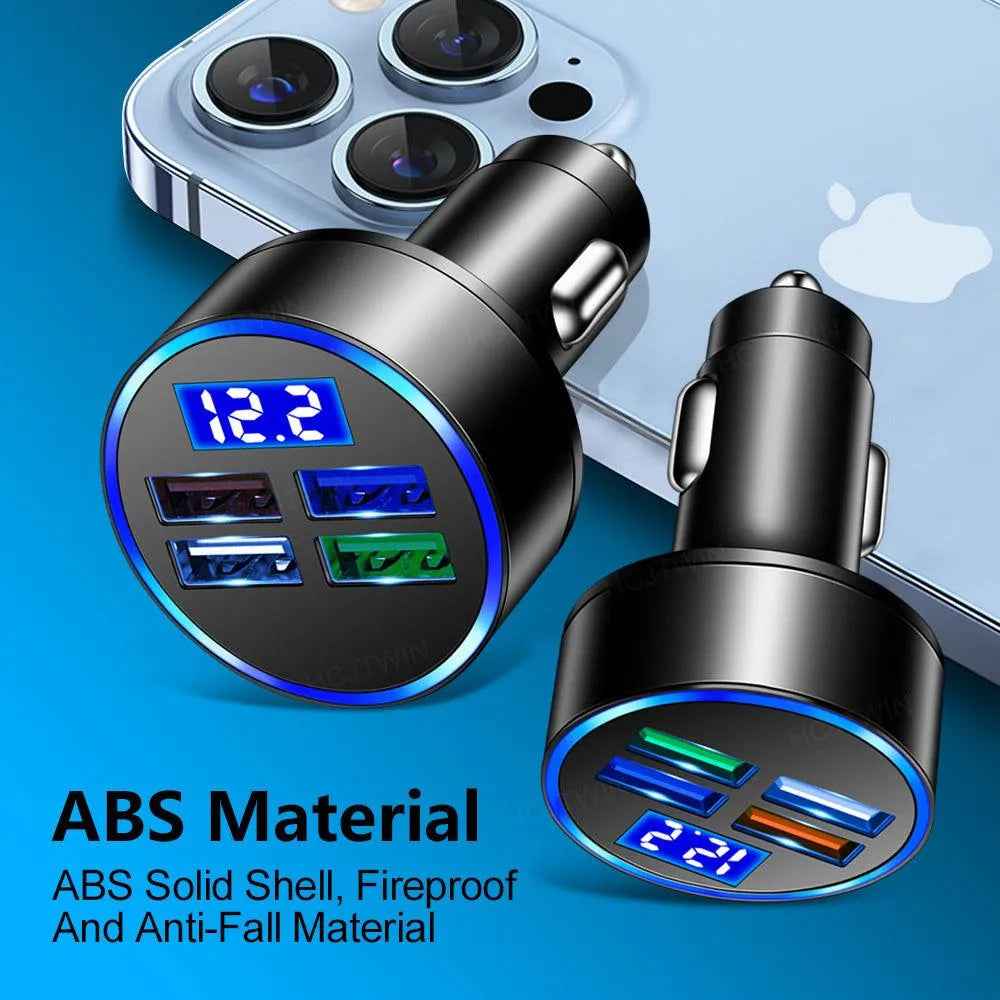 PBG LED 4 Port Car Charger Voltage Display and 3 in 1 Cable Bundle