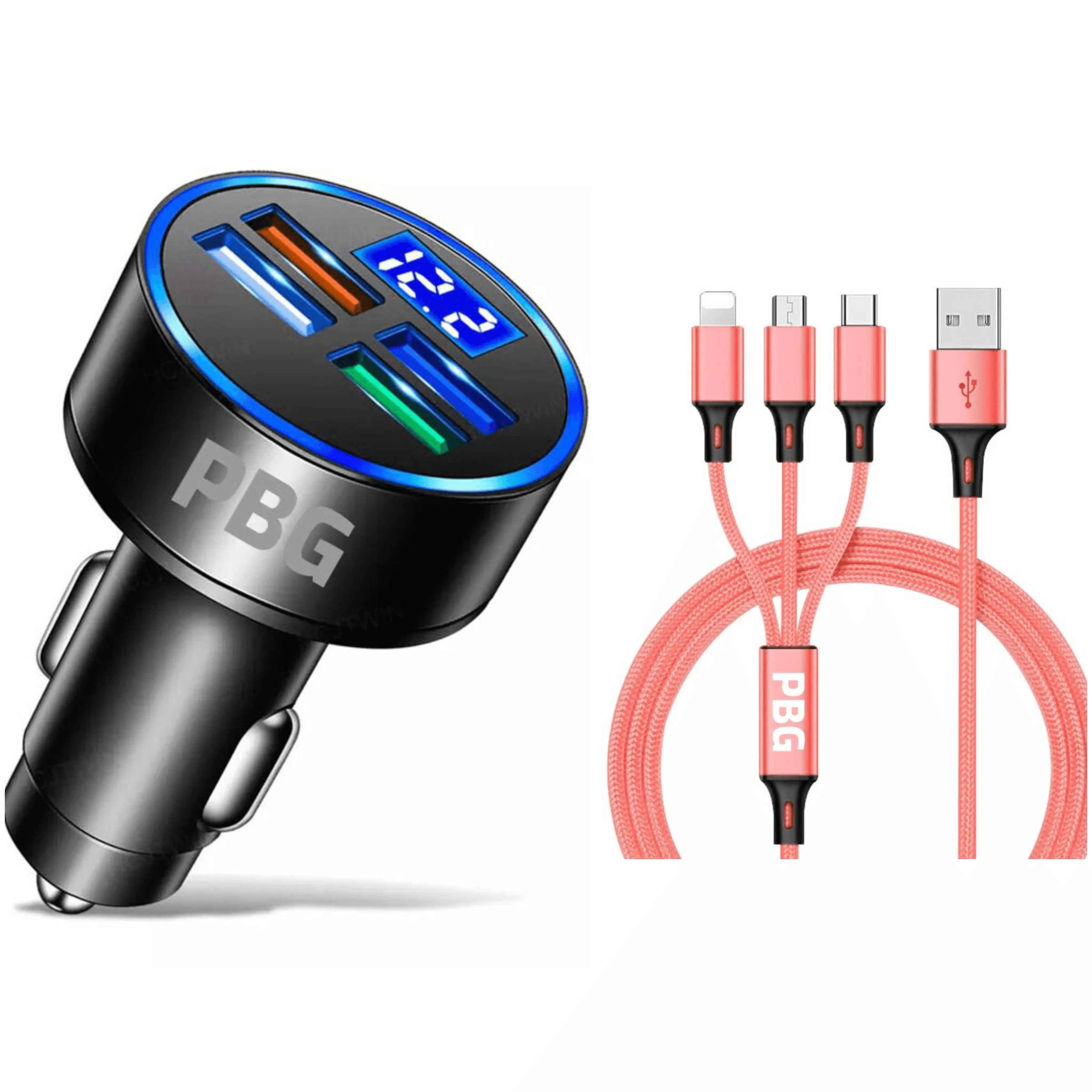PBG LED 4 Port Car Charger Voltage Display and 3 in 1 Cable Bundle