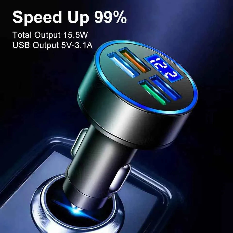 PBG 4-Port USB Car Charger with LED Voltage Display - Universal & Fast