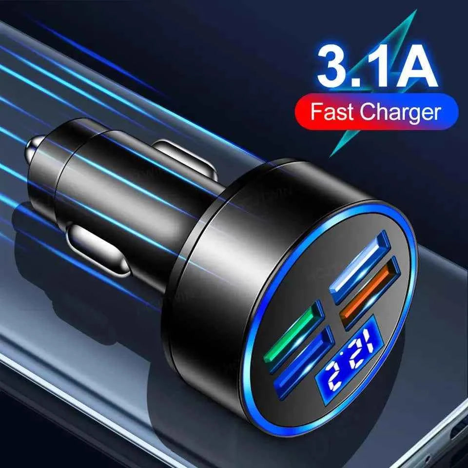 PBG 4-Port USB Car Charger with LED Voltage Display - Universal & Fast