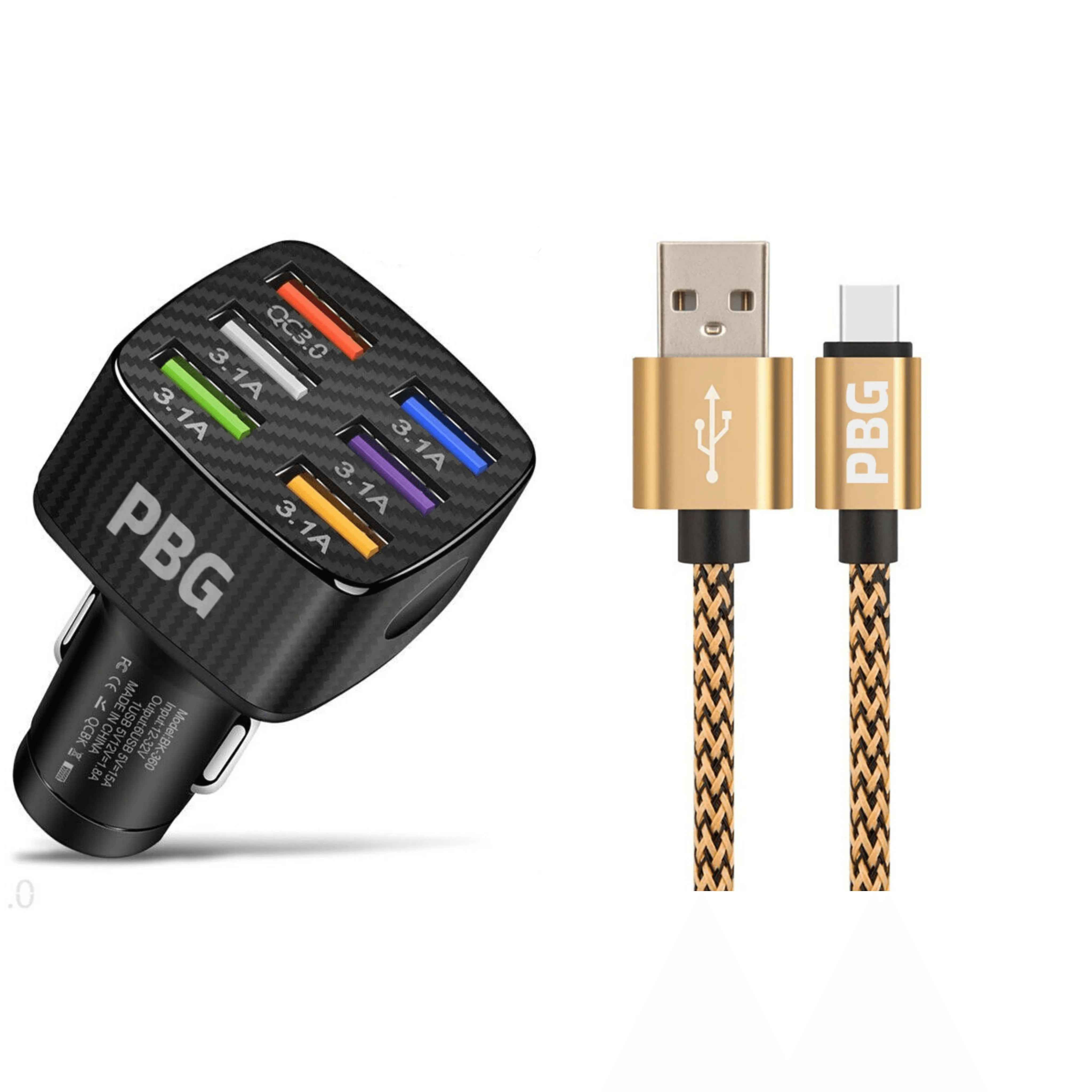 PBG 6-Port LED Car Charger & 10FT XL Zebra iPhone Cable Combo
