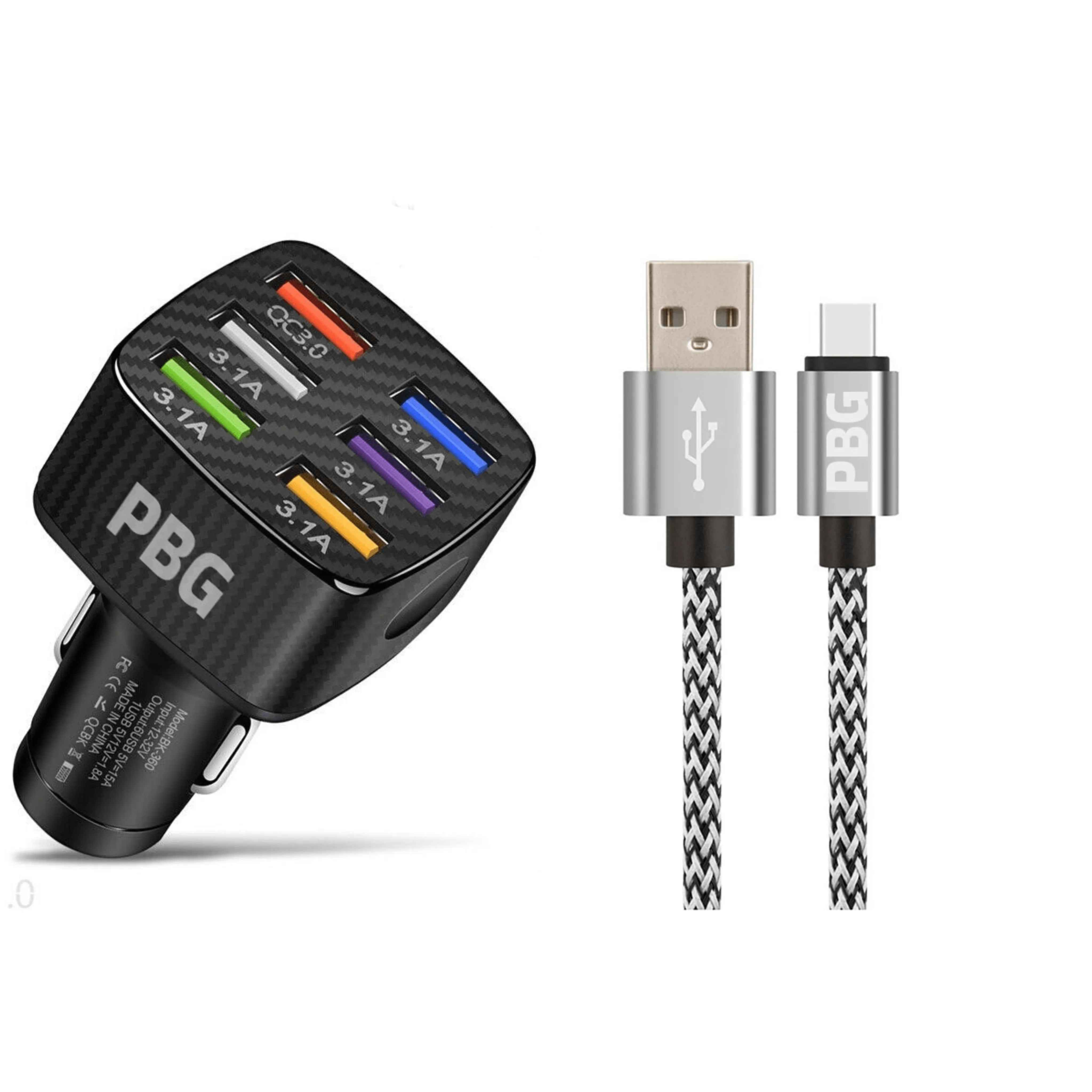 PBG 6-Port LED Car Charger & 10FT XL Zebra iPhone Cable Combo