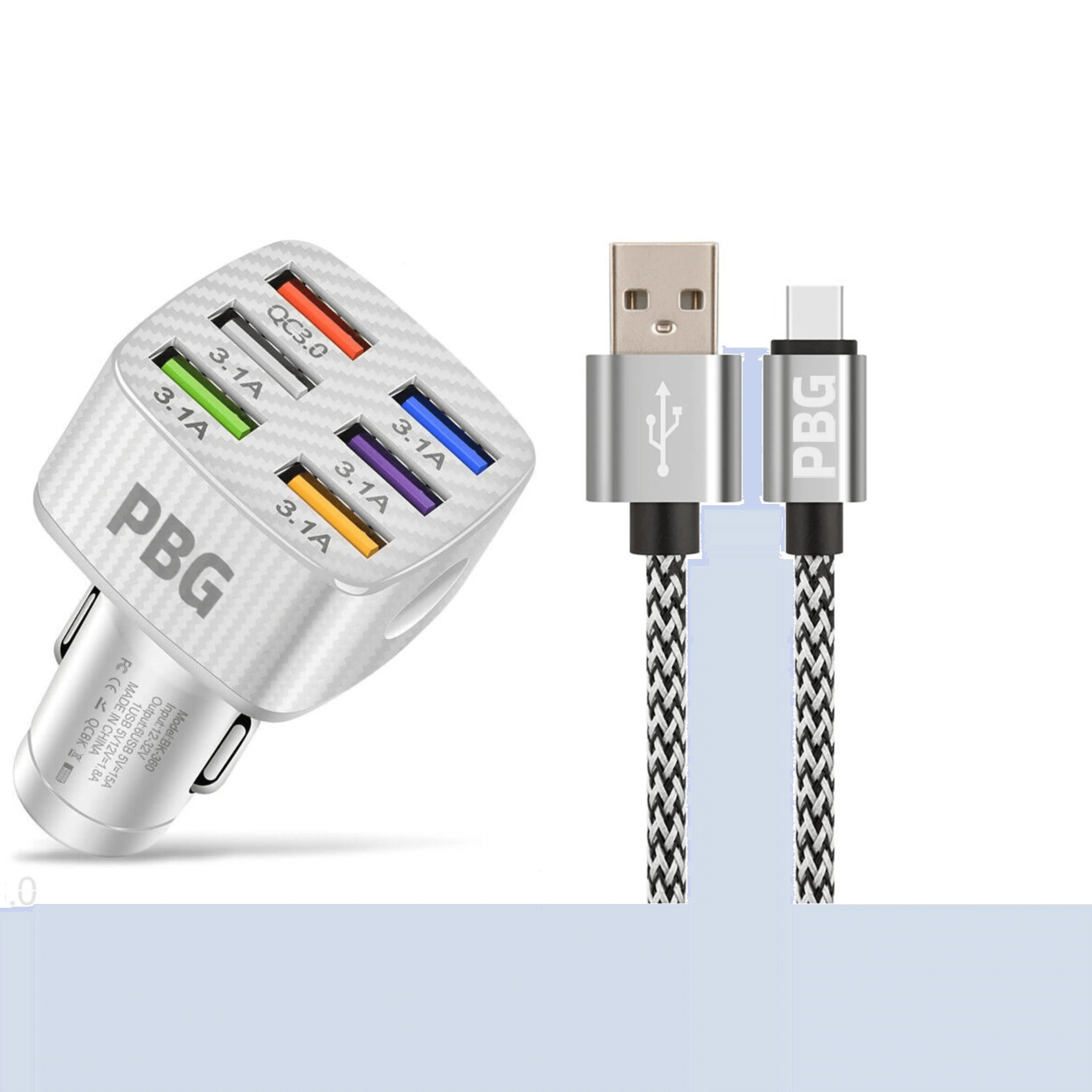 PBG LED 6 Port Car Charger and 10FT XL Zebra Charger Compatible for Iphone Cable Combo - PremiumBrandGoods