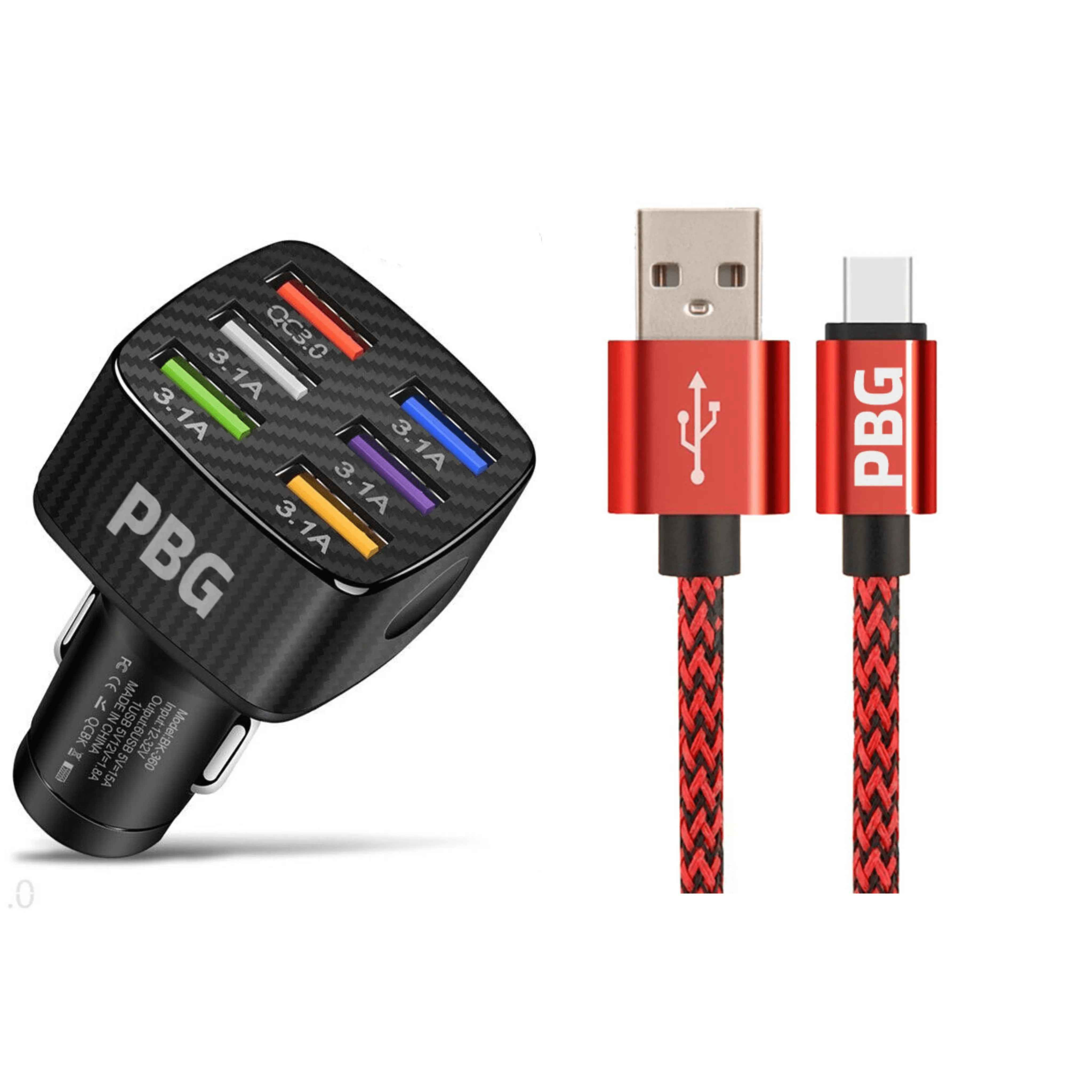 PBG 6-Port LED Car Charger & 10FT XL Zebra iPhone Cable Combo