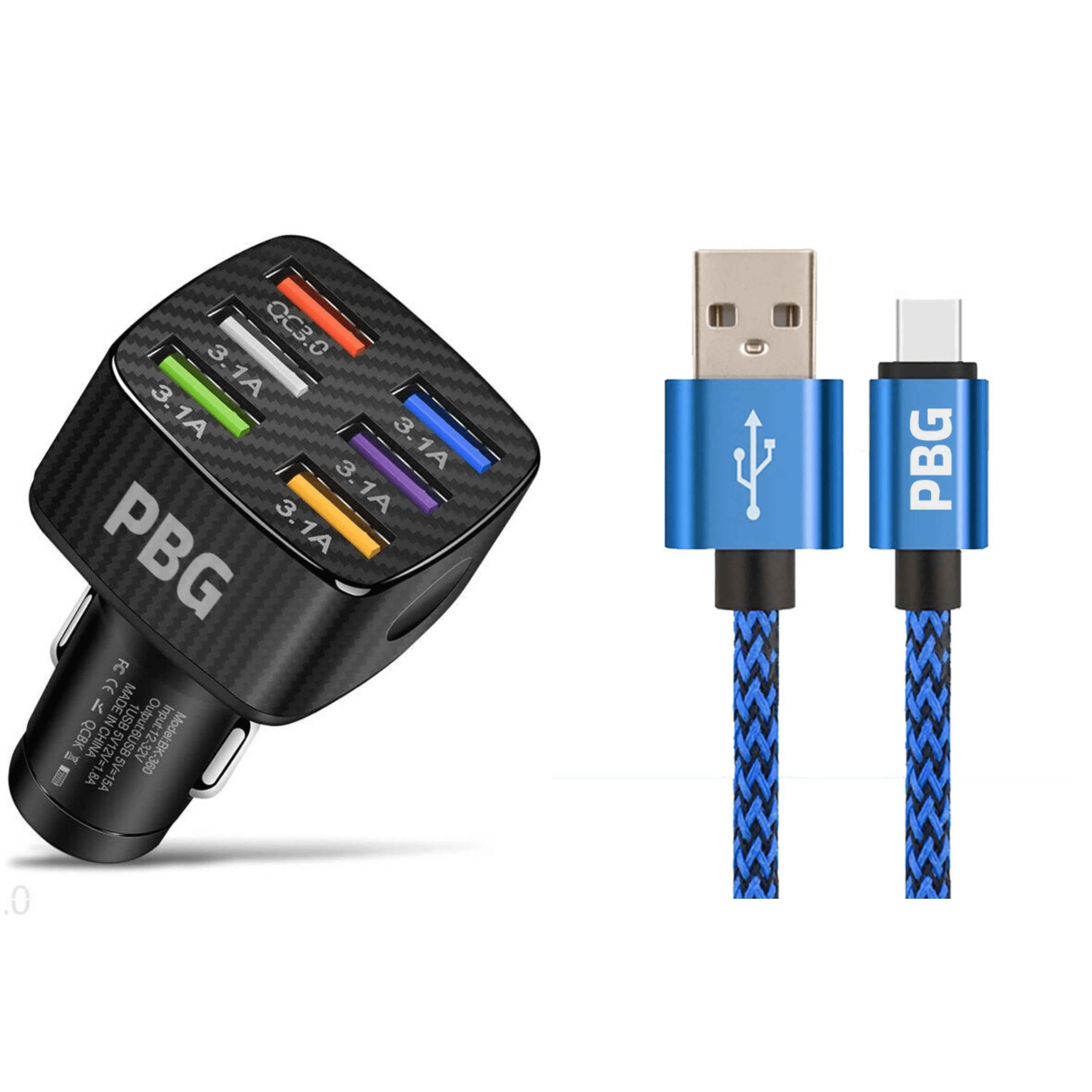 PBG 6-Port LED Car Charger & 10FT XL Zebra iPhone Cable Combo