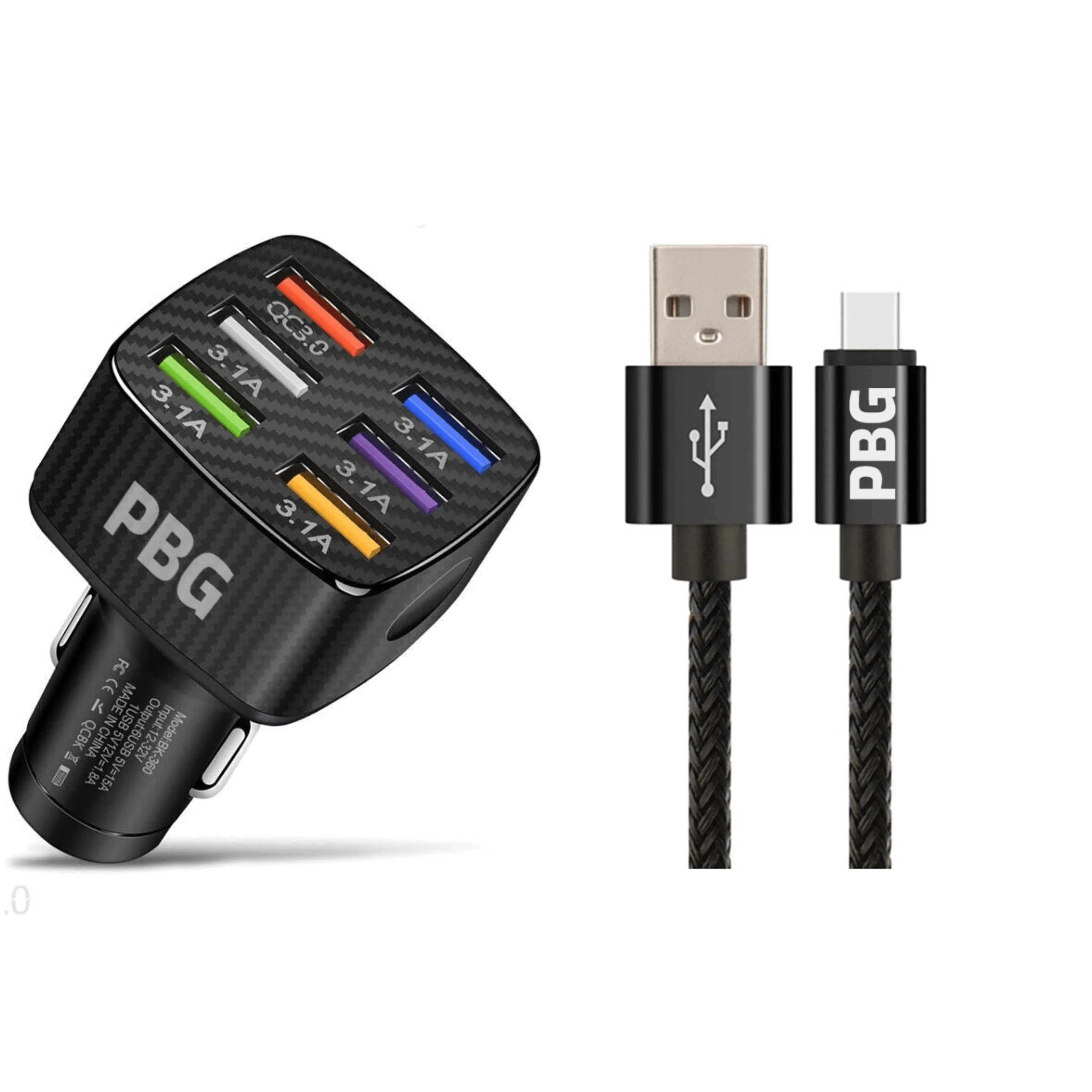 PBG 6-Port LED Car Charger & 10FT XL Zebra iPhone Cable Combo