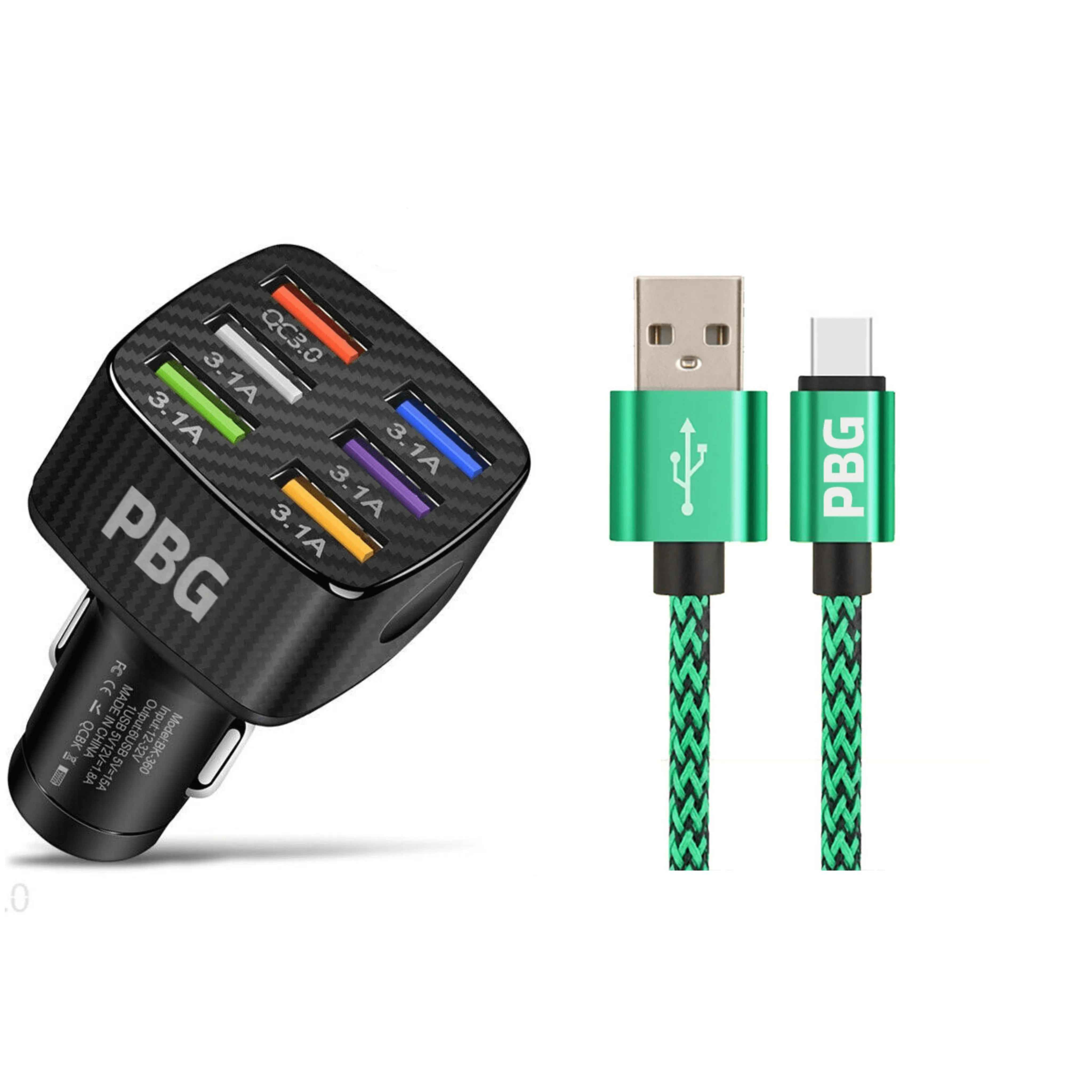 PBG 6-Port LED Car Charger & 10FT XL Zebra iPhone Cable Combo