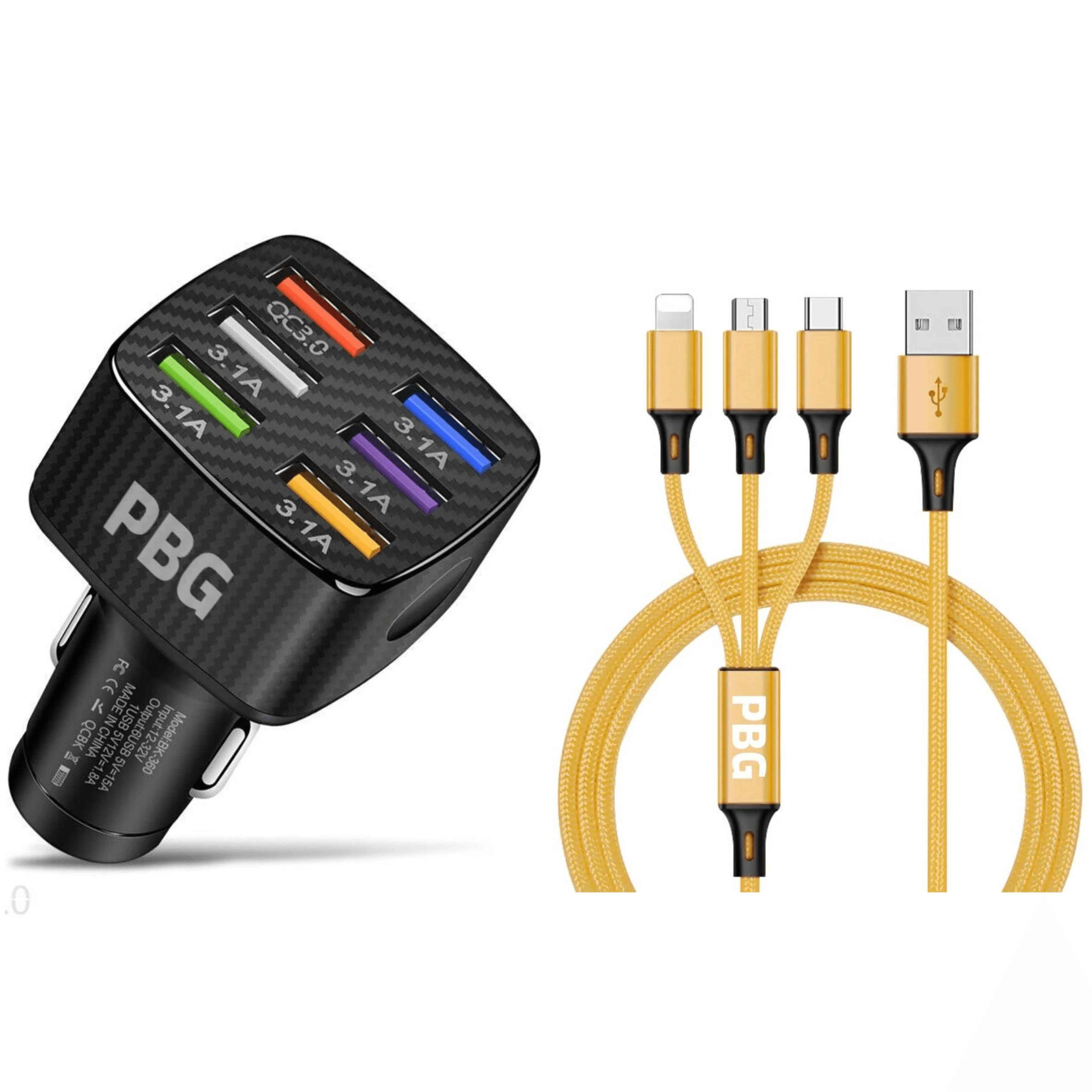 PBG LED 6 Port Car Charger and 4FT- 3 In 1 Cable Combo!