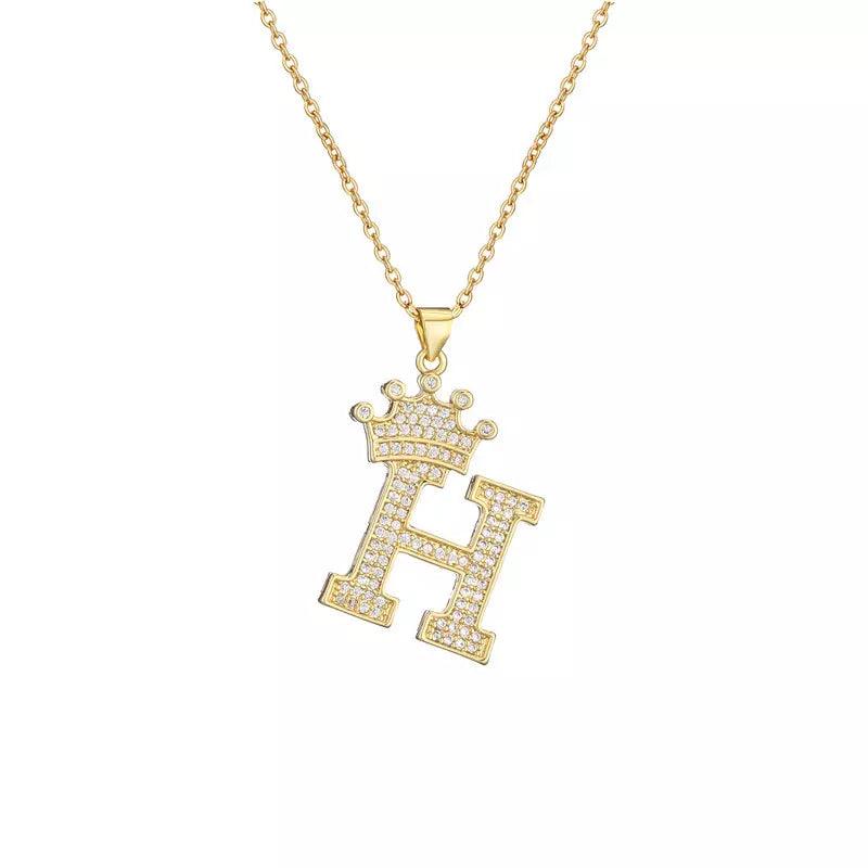 Stainless Steel A-Z Letters Necklace for Men and Women, Gold Overlay Hip Hop Crown Necklaces with Name Chain 22-24", Color Silver - PremiumBrandGoods