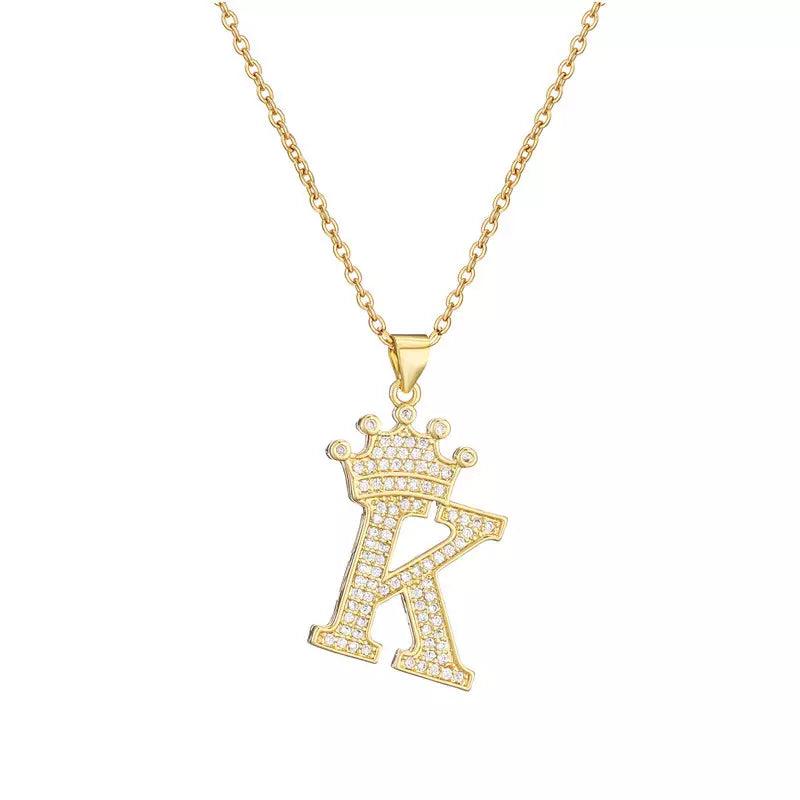 Stainless Steel A-Z Letters Necklace for Men and Women, Gold Overlay Hip Hop Crown Necklaces with Name Chain 22-24", Color Silver - PremiumBrandGoods