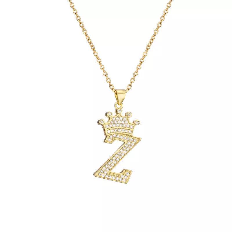 Stainless Steel A-Z Letters Necklace for Men and Women, Gold Overlay Hip Hop Crown Necklaces with Name Chain 22-24", Color Silver - PremiumBrandGoods