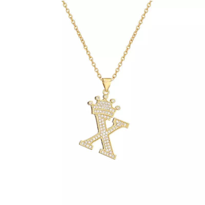 Stainless Steel A-Z Letters Necklace for Men and Women, Gold Overlay Hip Hop Crown Necklaces with Name Chain 22-24", Color Silver - PremiumBrandGoods