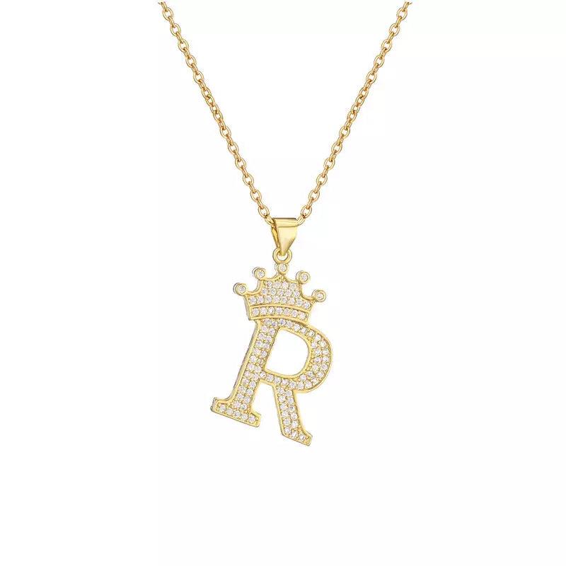 Stainless Steel A-Z Letters Necklace for Men and Women, Gold Overlay Hip Hop Crown Necklaces with Name Chain 22-24", Color Silver - PremiumBrandGoods