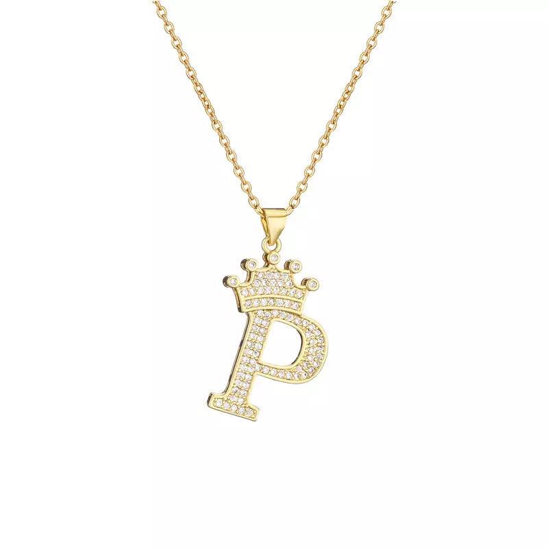 Stainless Steel A-Z Letters Necklace for Men and Women, Gold Overlay Hip Hop Crown Necklaces with Name Chain 22-24", Color Silver - PremiumBrandGoods