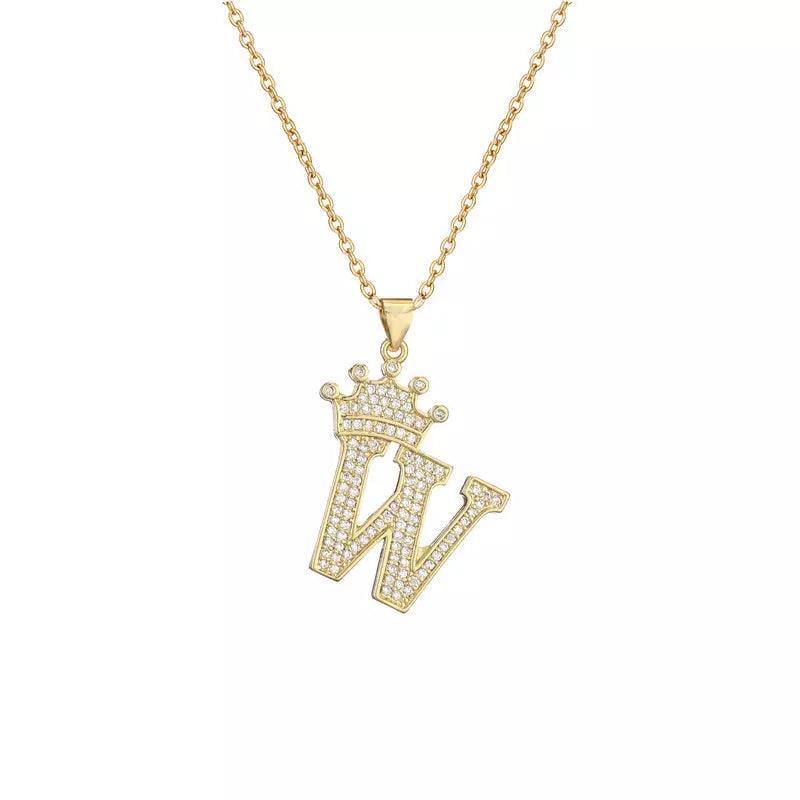 Stainless Steel A-Z Letters Necklace for Men and Women, Gold Overlay Hip Hop Crown Necklaces with Name Chain 22-24", Color Silver - PremiumBrandGoods