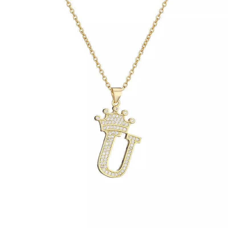 Stainless Steel A-Z Letters Necklace for Men and Women, Gold Overlay Hip Hop Crown Necklaces with Name Chain 22-24", Color Silver - PremiumBrandGoods