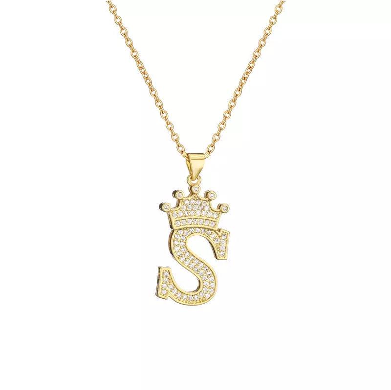 Stainless Steel A-Z Letters Necklace for Men and Women, Gold Overlay Hip Hop Crown Necklaces with Name Chain 22-24", Color Silver - PremiumBrandGoods