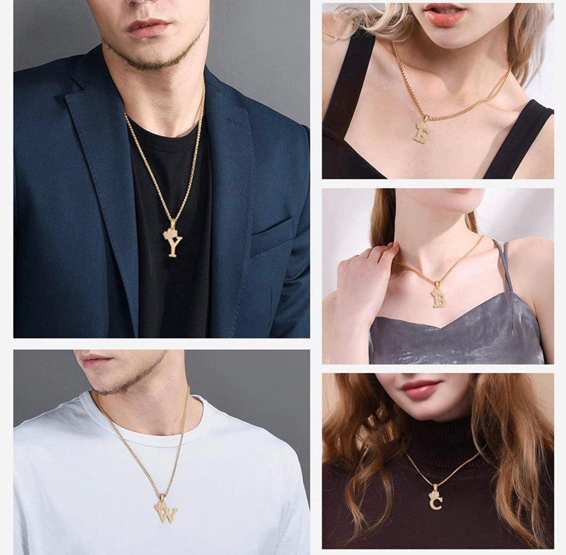 Stainless Steel A-Z Letters Necklace for Men and Women, Gold Overlay Hip Hop Crown Necklaces with Name Chain 22-24", Color Silver - PremiumBrandGoods