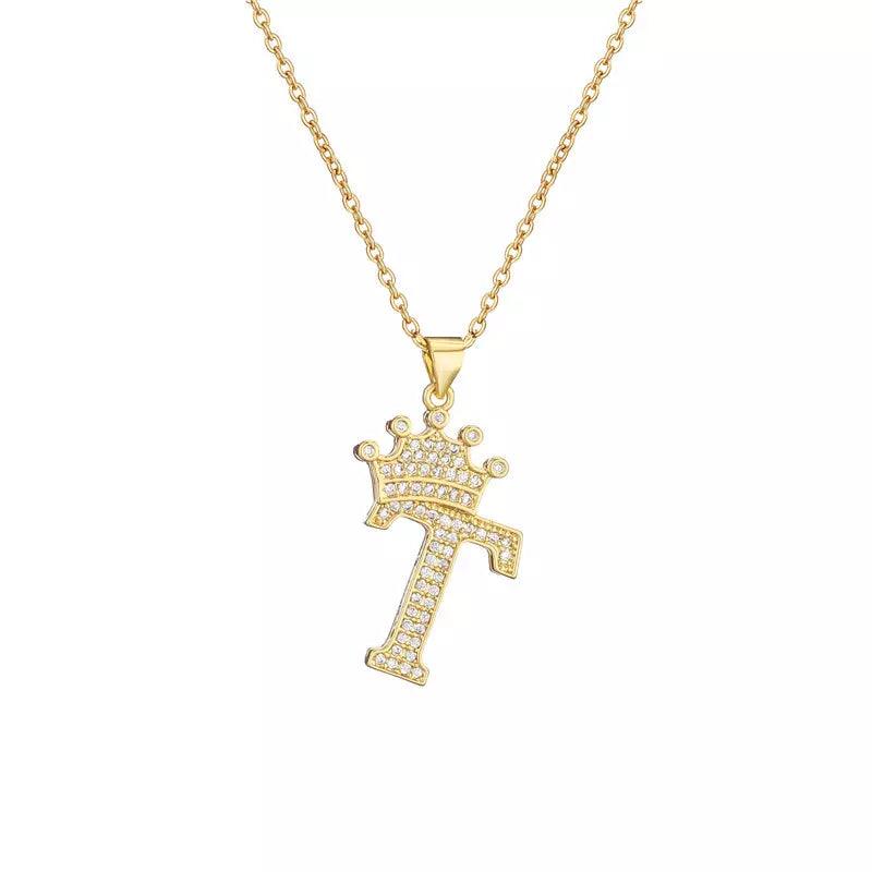 Stainless Steel A-Z Letters Necklace for Men and Women, Gold Overlay Hip Hop Crown Necklaces with Name Chain 22-24", Color Silver - PremiumBrandGoods