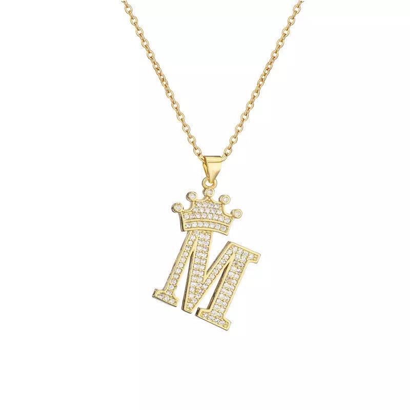 Stainless Steel A-Z Letters Necklace for Men and Women, Gold Overlay Hip Hop Crown Necklaces with Name Chain 22-24", Color Silver - PremiumBrandGoods
