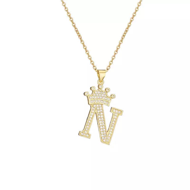 Stainless Steel A-Z Letters Necklace for Men and Women, Gold Overlay Hip Hop Crown Necklaces with Name Chain 22-24", Color Silver - PremiumBrandGoods