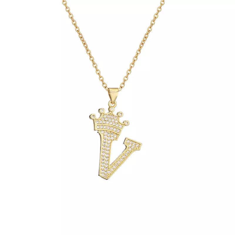 Stainless Steel A-Z Letters Necklace for Men and Women, Gold Overlay Hip Hop Crown Necklaces with Name Chain 22-24", Color Silver - PremiumBrandGoods