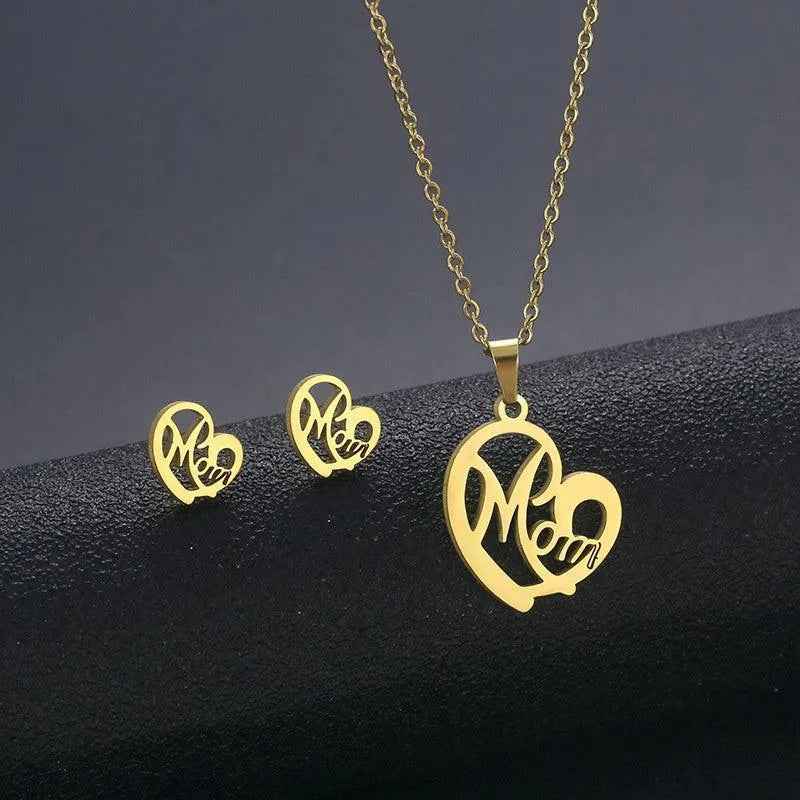 Stainless Steel Heart shaped Mom Necklace and Earrings Set