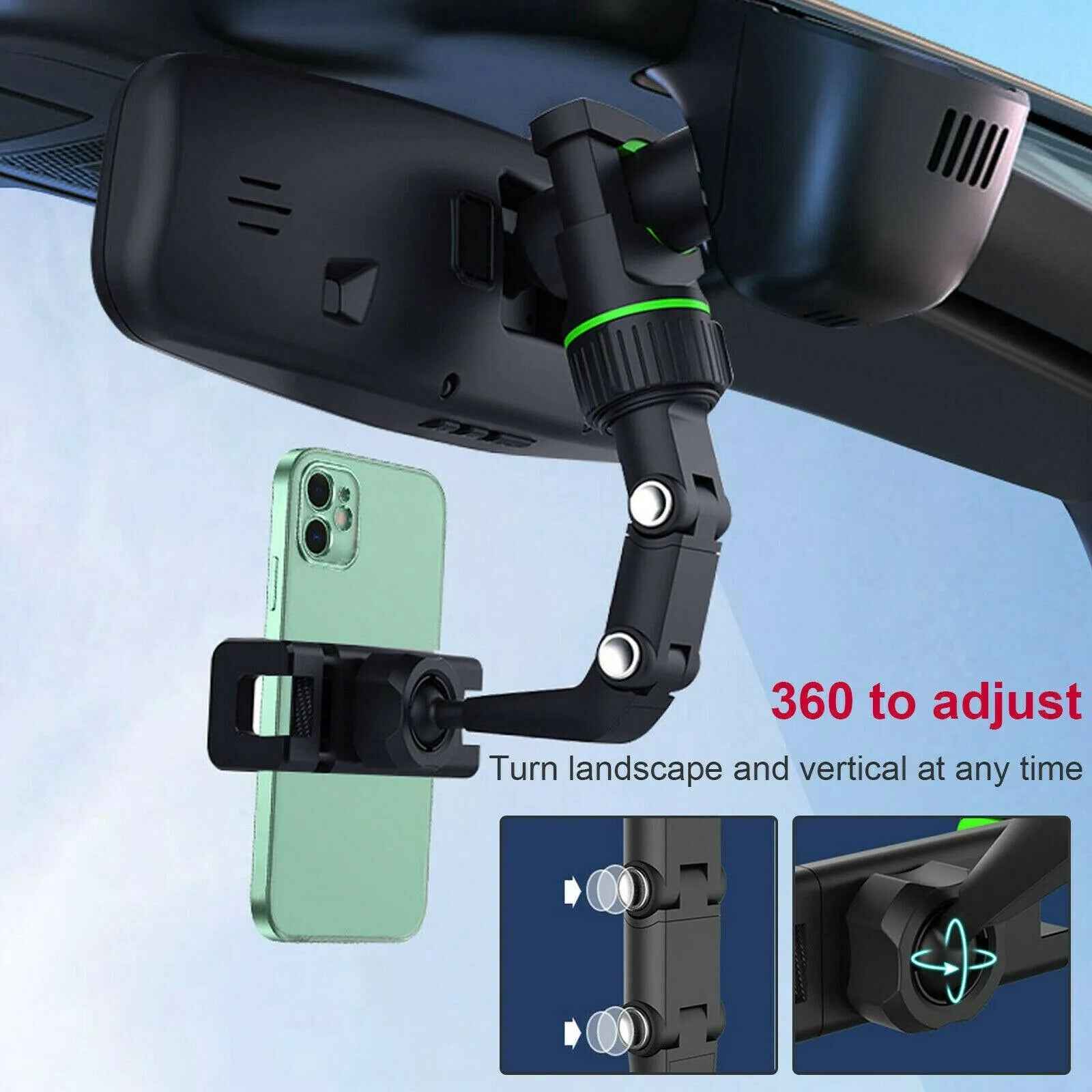 Universal Car Rear View Mirror Mount Stand GPS Cell Phone Holder 360 Rotation Multi Function