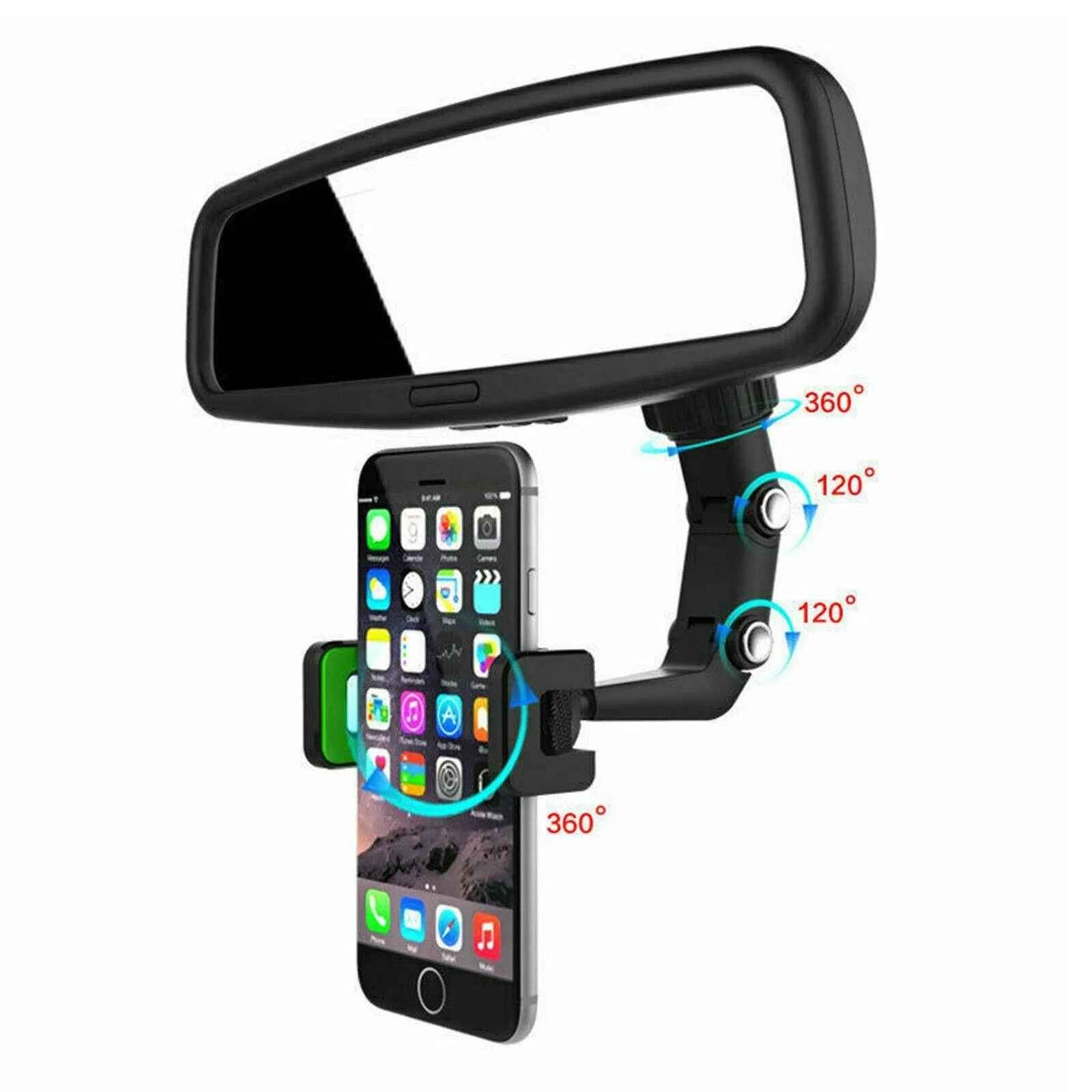 Universal Car Rear View Mirror Mount Stand GPS Cell Phone Holder 360 Rotation Multi Function