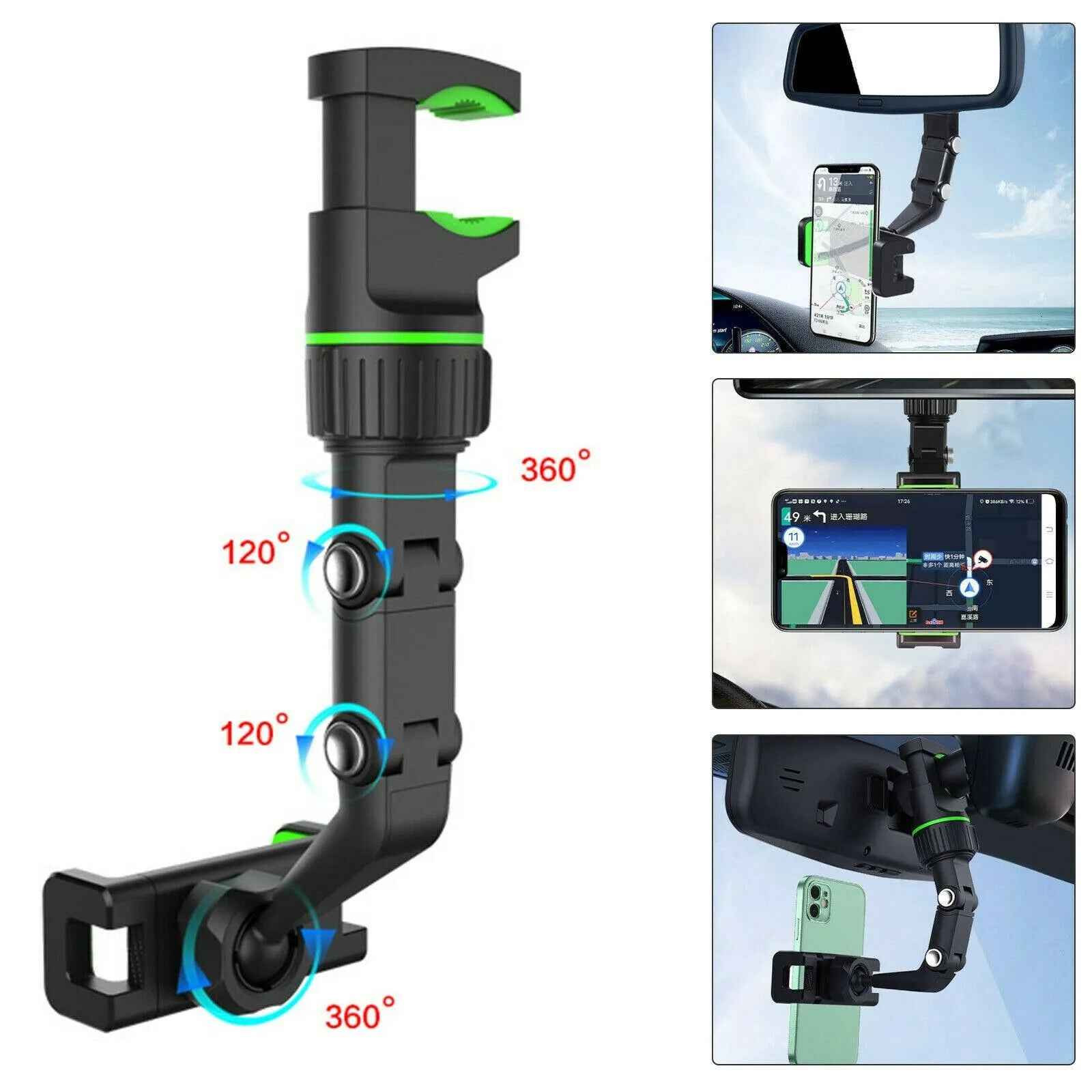 Universal Car Rear View Mirror Mount Stand GPS Cell Phone Holder 360 Rotation Multi Function