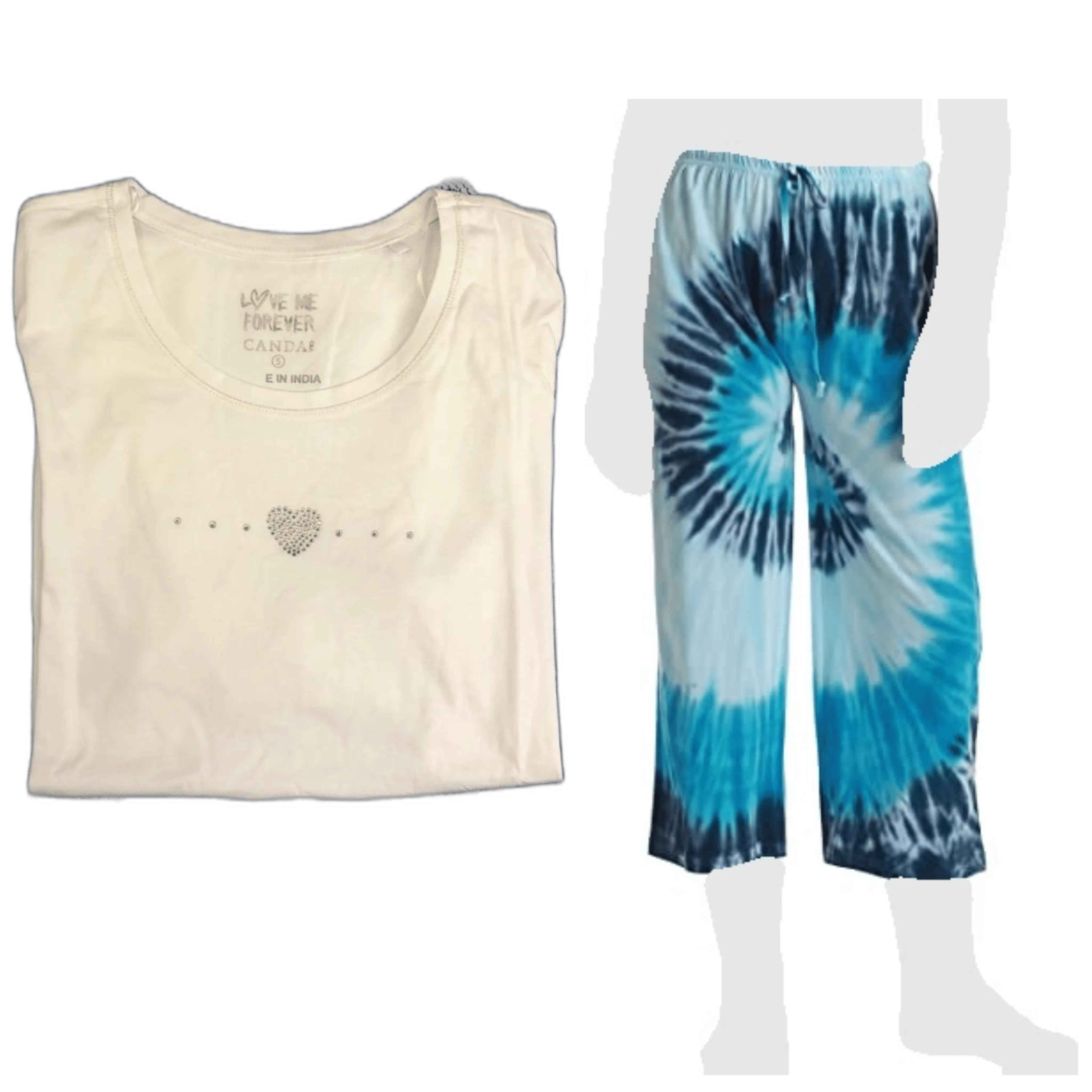 Women's Cozy Pajama Set Blue Tie Dye Pants and Cotton Soft Heart T shirt by Just Love
