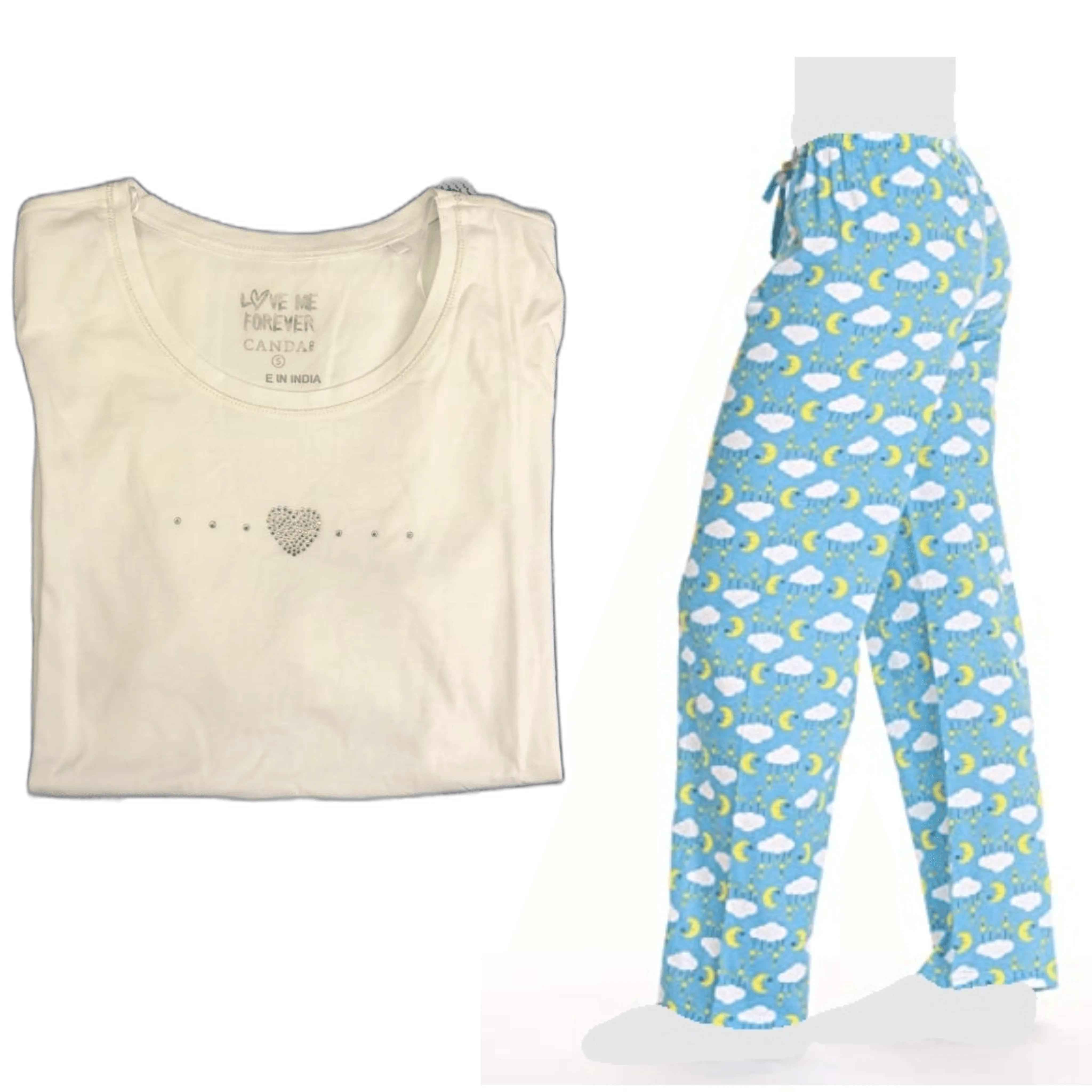 Women's Cozy Pajama Set Cute Moon Clouds Pants and Cotton Soft Heart T shirt by Just Love