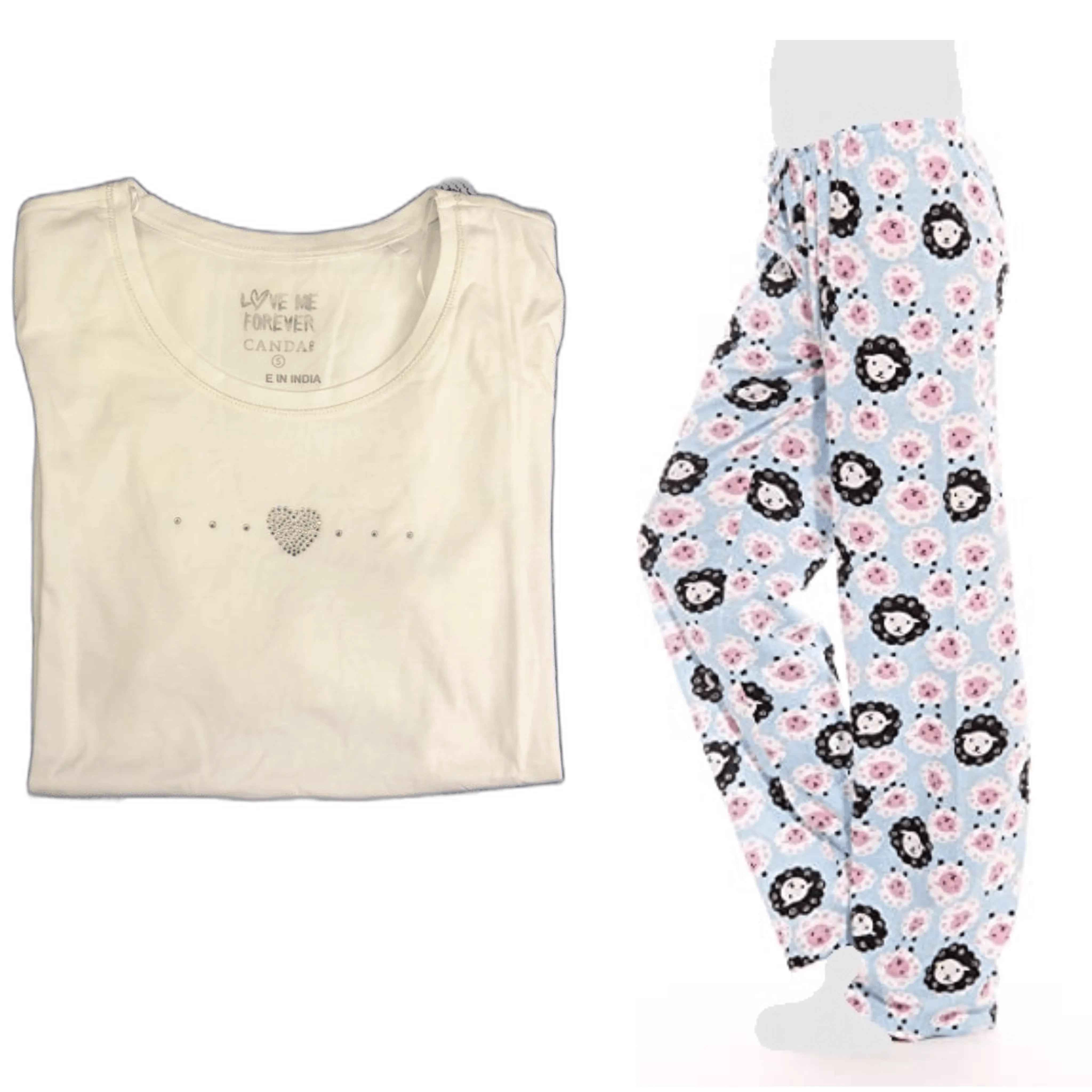 Women's Cozy Pajama Set Cute Sheep Pants and Cotton Soft Heart T shirt by Just Love
