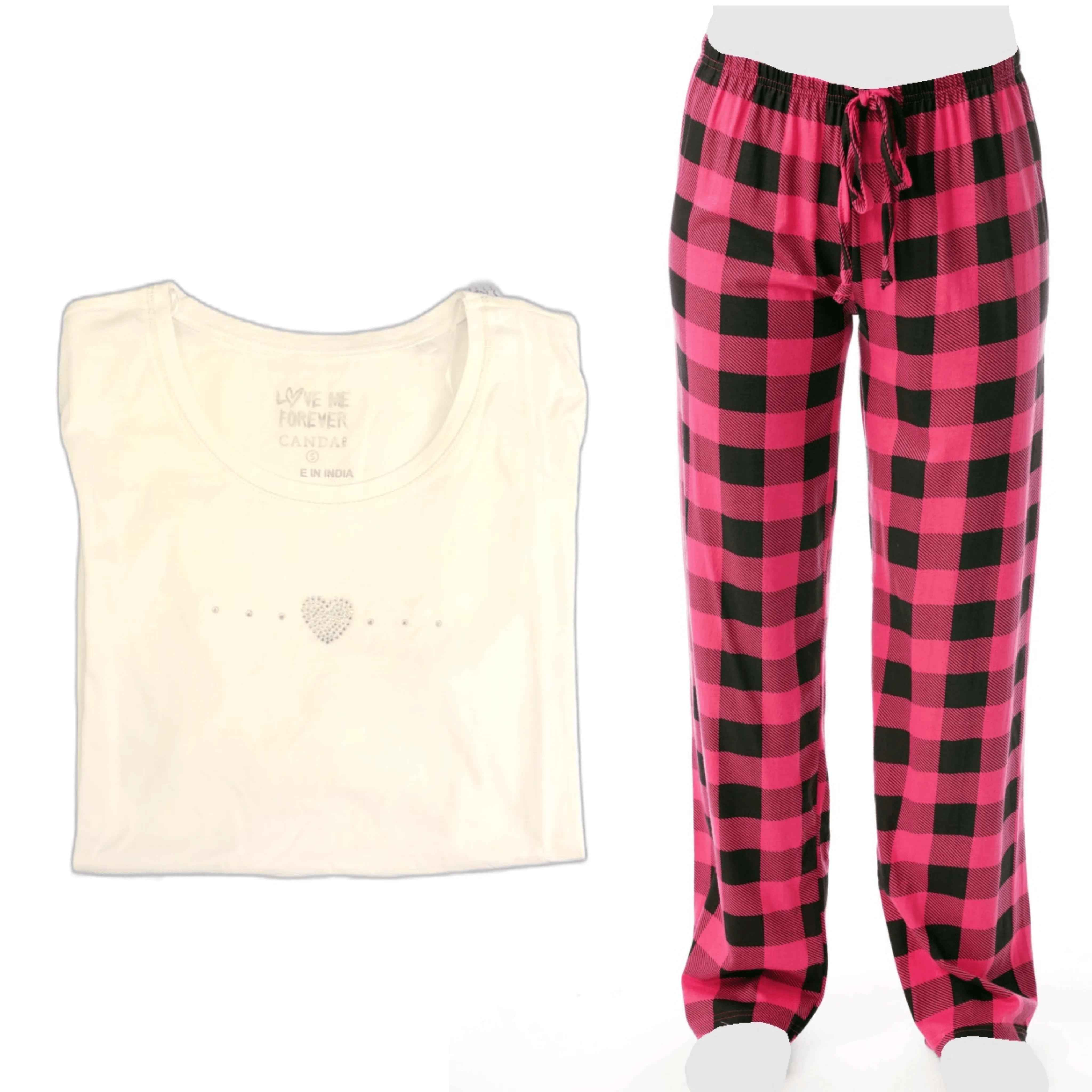Women's Cozy Pajama Set Pink/Black Plaid Pants and Cotton Soft Heart T shirt by Just Love