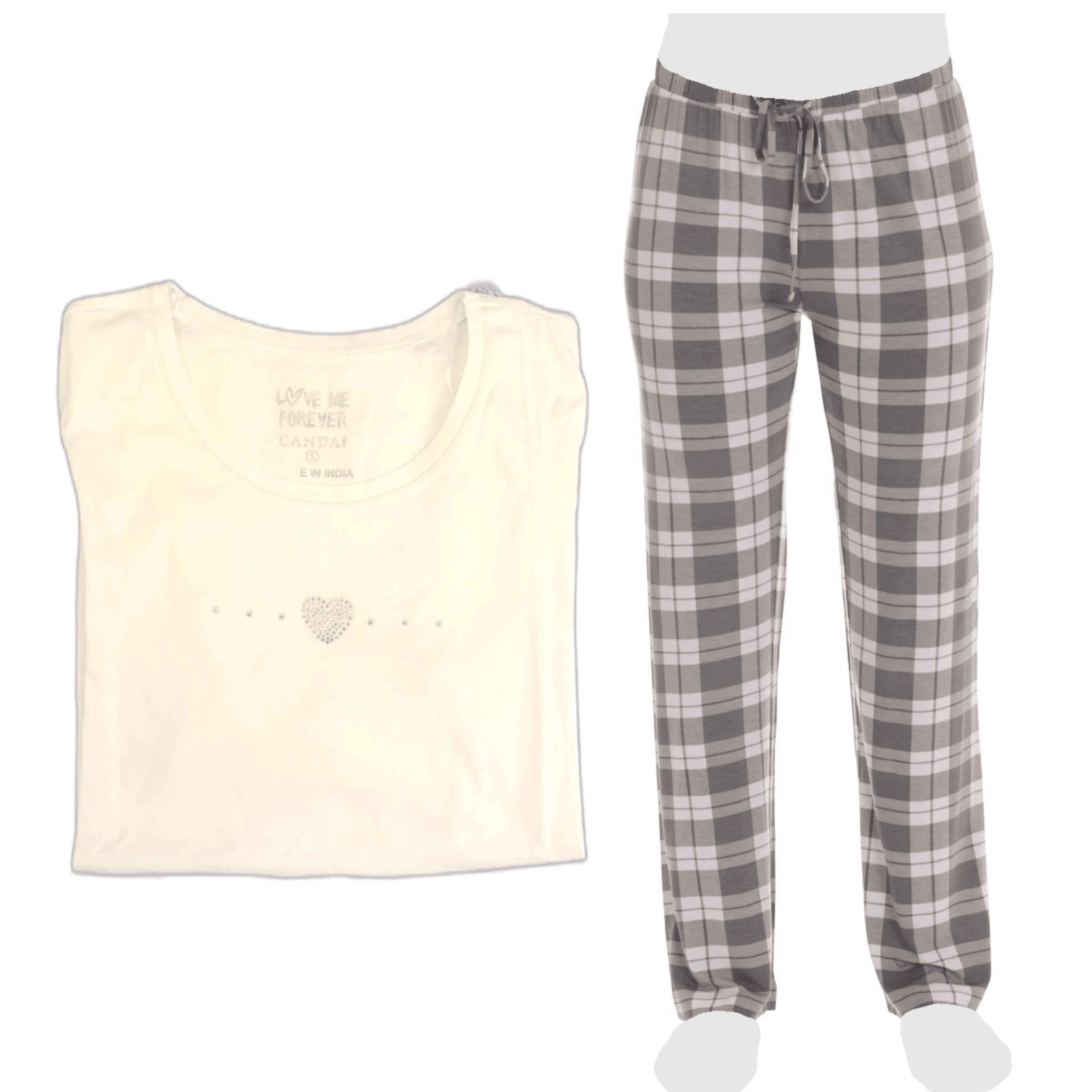 Women's Cozy Pajama Set Plaid Pants and Cotton Soft Heart T shirt by Just Love