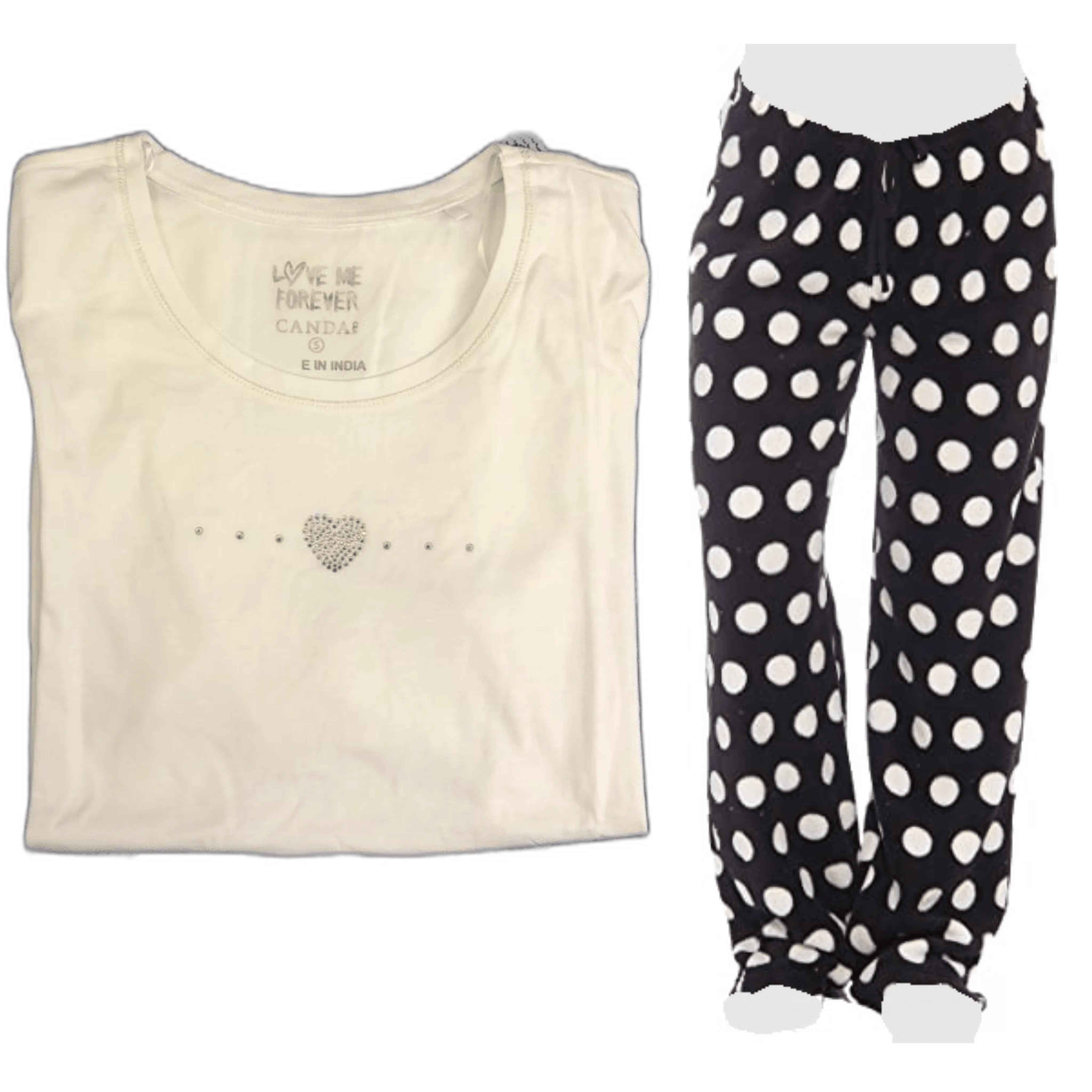 Women's Cozy Pajama Set Plush Black Polka Dot Pants and Cotton Soft Heart T shirt by Just Love