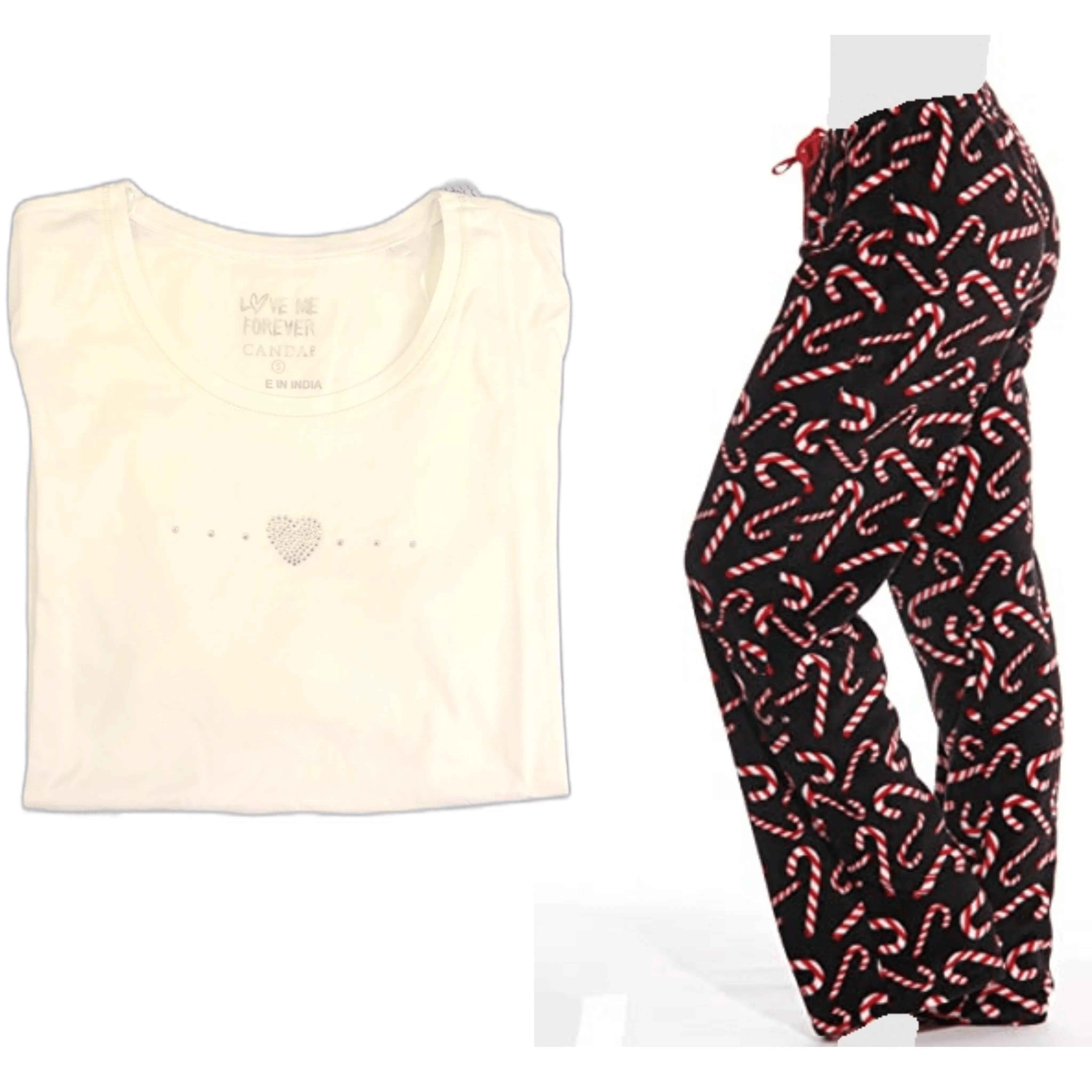 Women's Cozy Pajama Set Plush Candy Cane Pants and Cotton Soft Heart T shirt by Just Love