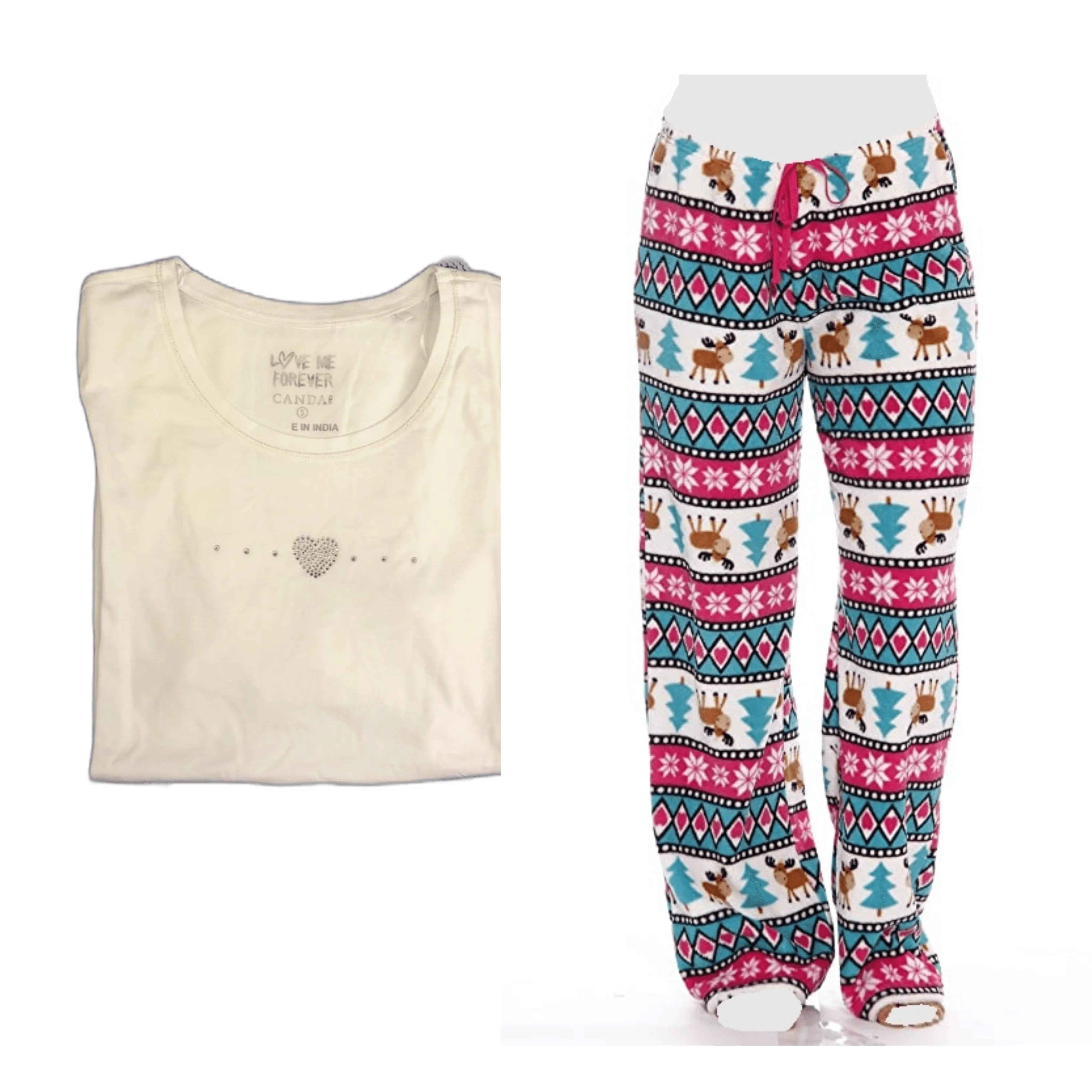 Women's Cozy Pajama Set Plush Holiday Pants and Cotton Soft Heart T shirt by Just Love