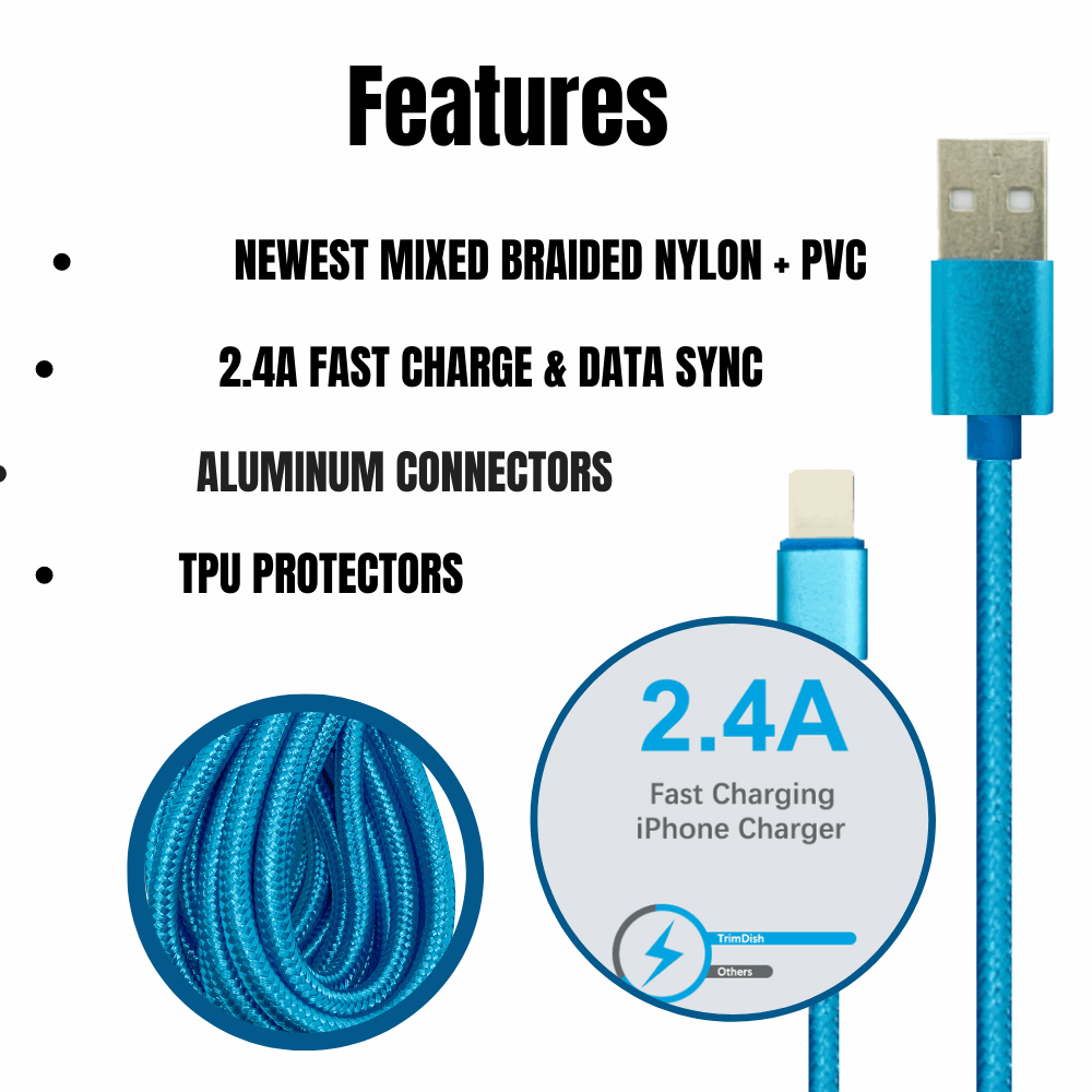 10Ft Braided USB Charger Compatible for Iphone Light Blue - PremiumBrandGoods