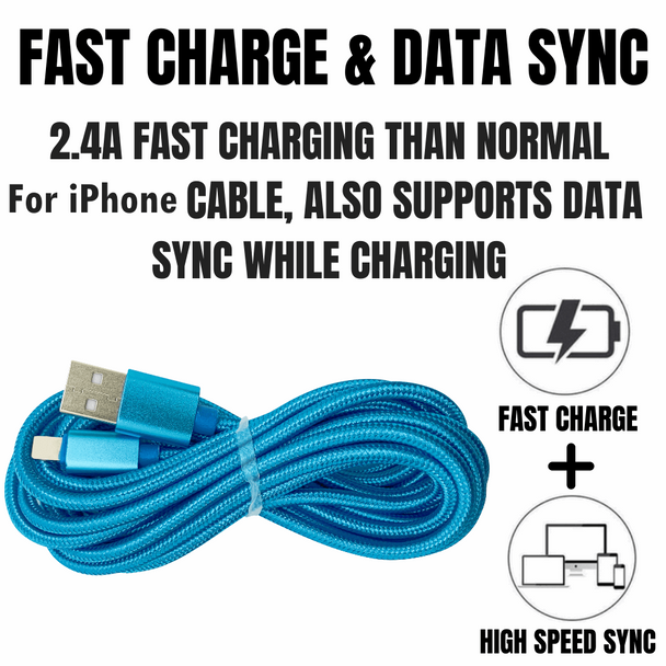 10Ft Braided USB Charger Compatible for Iphone Light Blue - PremiumBrandGoods