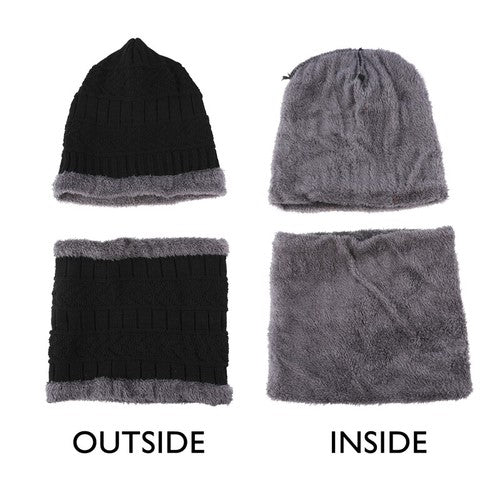 Black Winter Hat and Scarf Set Warm Fleece Lined Beanie unisex - PremiumBrandGoods