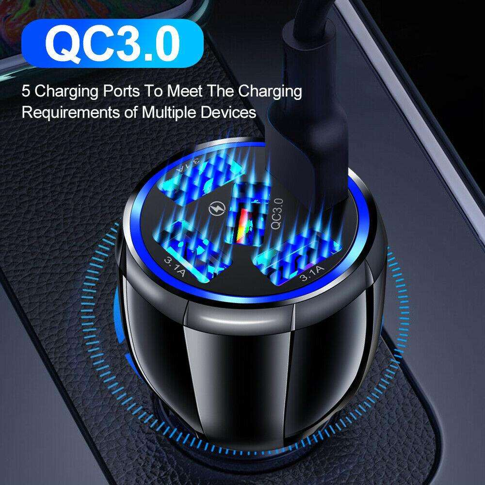 2 Pack 5 Port USB Fast Car Charger with LED Display Charge 5 Devices at once White - PremiumBrandGoods