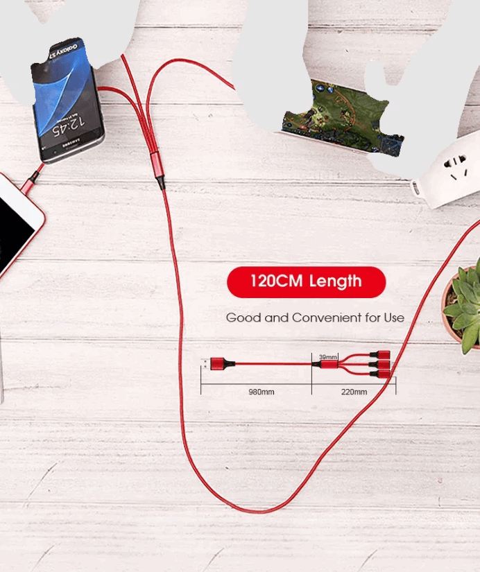 3 Port Fast LED Car Charger + 3 in 1 Cable Combo Red - PremiumBrandGoods