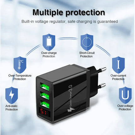 3 port LED Display Wall Charger  and 3 in 1 Cable Bundle Black - PremiumBrandGoods