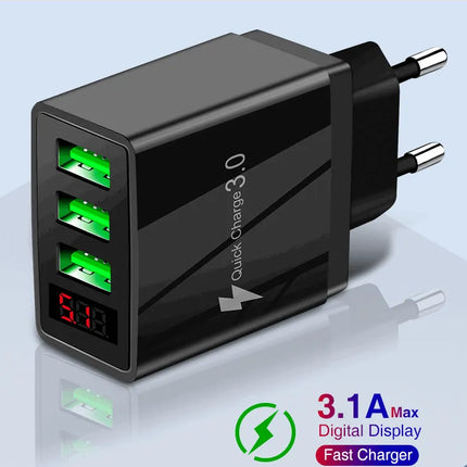 3 port LED Display Wall Charger  and 3 in 1 Cable Bundle Black - PremiumBrandGoods