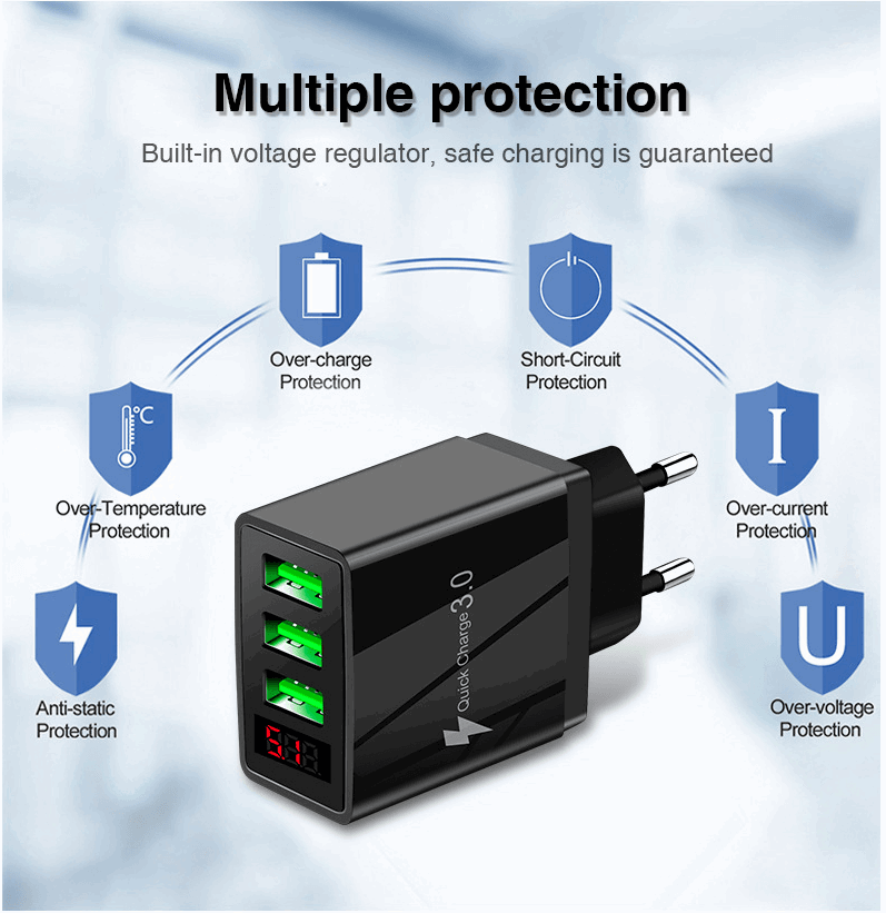 3 port LED Display Wall Charger  and 3 in 1 Cable Bundle Blue - PremiumBrandGoods