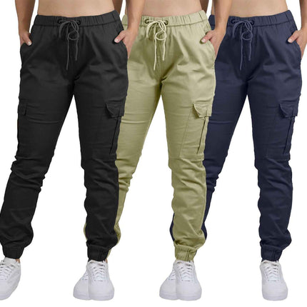 Women's Cargo Jogger Pants Cotton Flex with Stretch Comfort (Size: S-2XL) 3-Pack