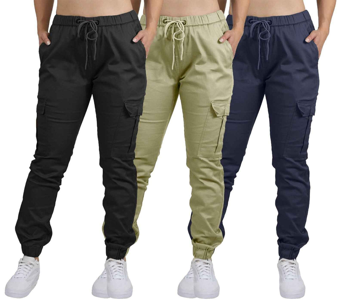 Women's Cargo Jogger Pants Cotton Flex with Stretch Comfort (Size: S-2XL) 3-Pack