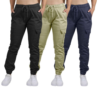 Women's Cargo Jogger Pants Cotton Flex with Stretch Comfort (Size: S-2XL) 3-Pack