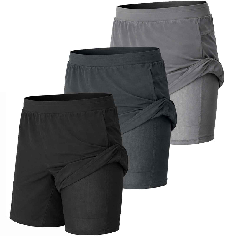 3-Pack Men's 2-in-1 Running Shorts Quick Dry Stretch Athletic Gym Workout Shorts